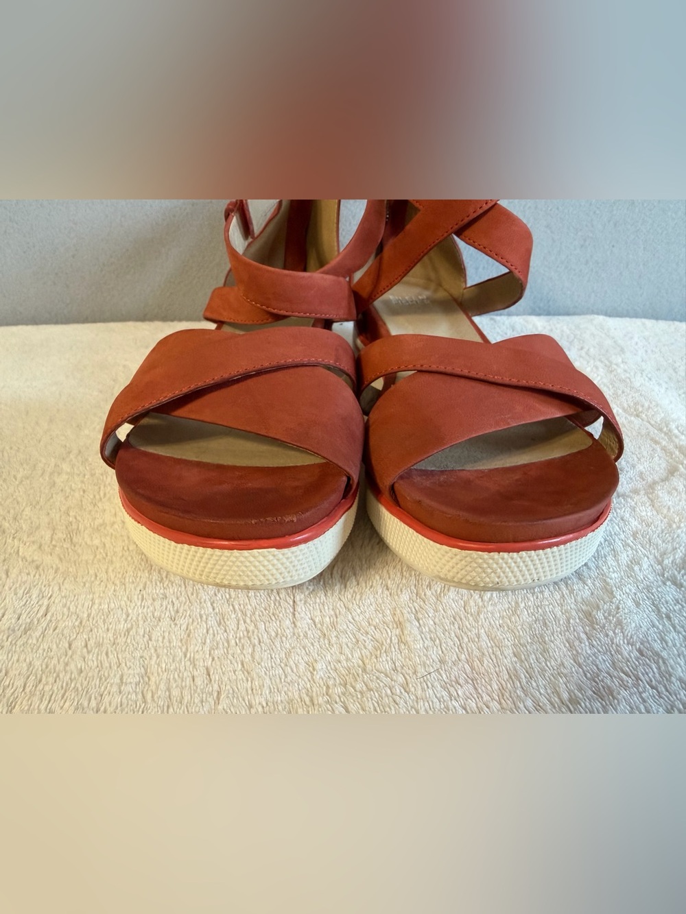 Eileen Fisher SALLY Wedge Sandals Back-Zip Leather Sz 8 Women Orange/White - Picture 8 of 9